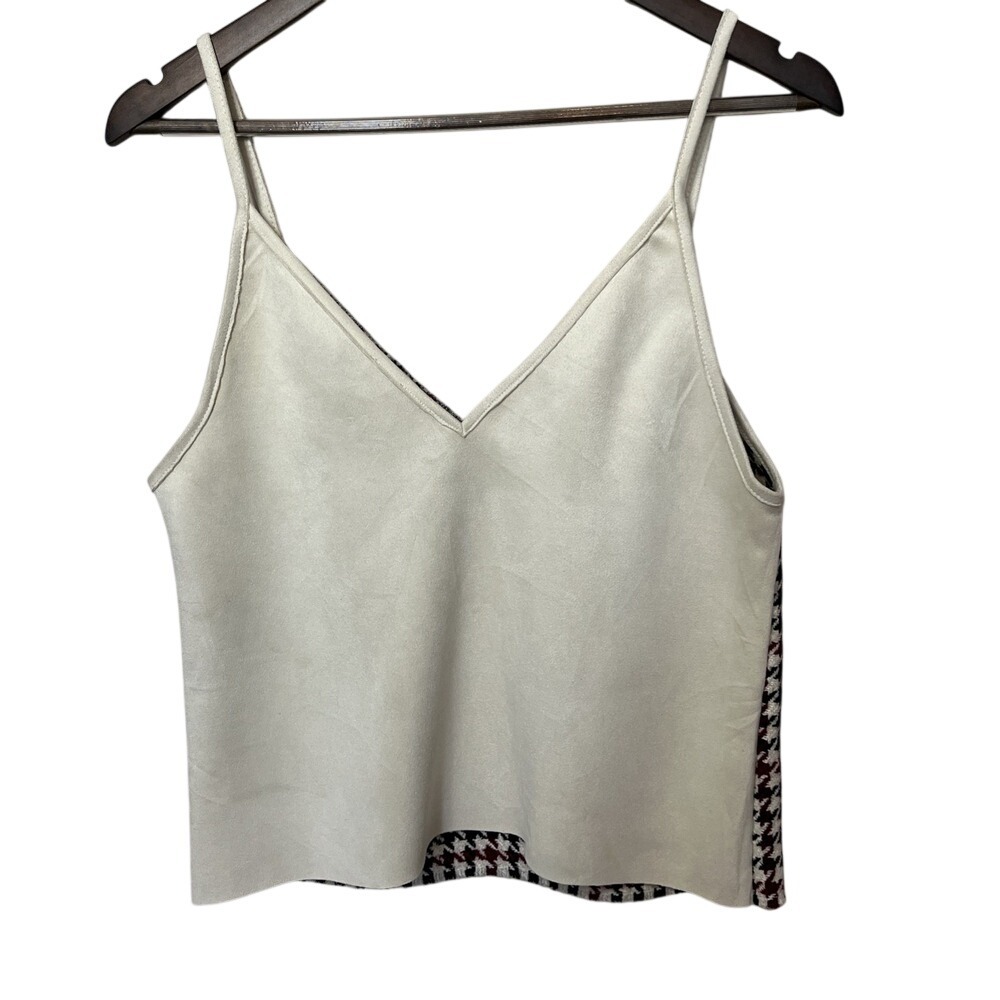 Zara Contrast Cream Houndstooth Camisole Top Suede Medium - Picture 2 of 7